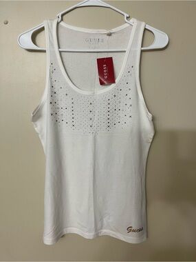 Guess White Tank Top with Rhinestone Accent